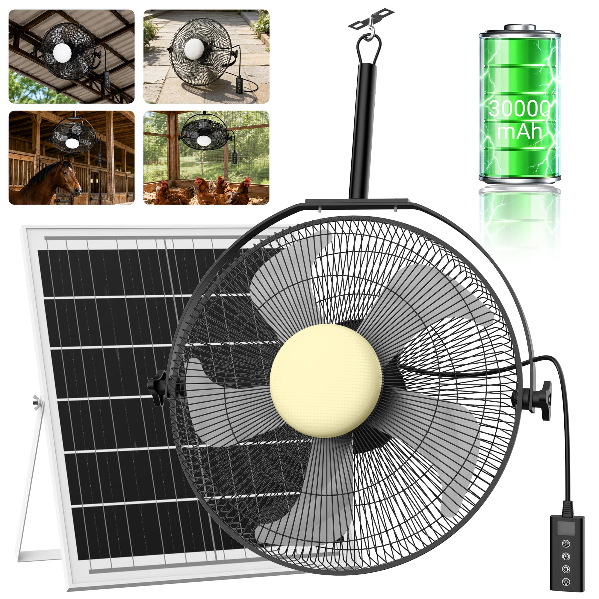 18" Solar Powered Fan with Light for Outdoor, 3 in 1 Rechargeable Battery Operated Floor Fan with 35W Solar Panel, Waterproof Gazebo Ceiling Fan with Hanging Hook, 3CCT Dimmable, 6-Speeds, 360°Tilt