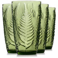 Green Drinking Glasses Set of 4, 16 oz Vintage Hand-Pressed Glass Cups, Fern Textured Highball Tumblers, Antique Style Boho Glassware for Water, Juice, Cocktails, Mocktails & Housewarming Gift Set