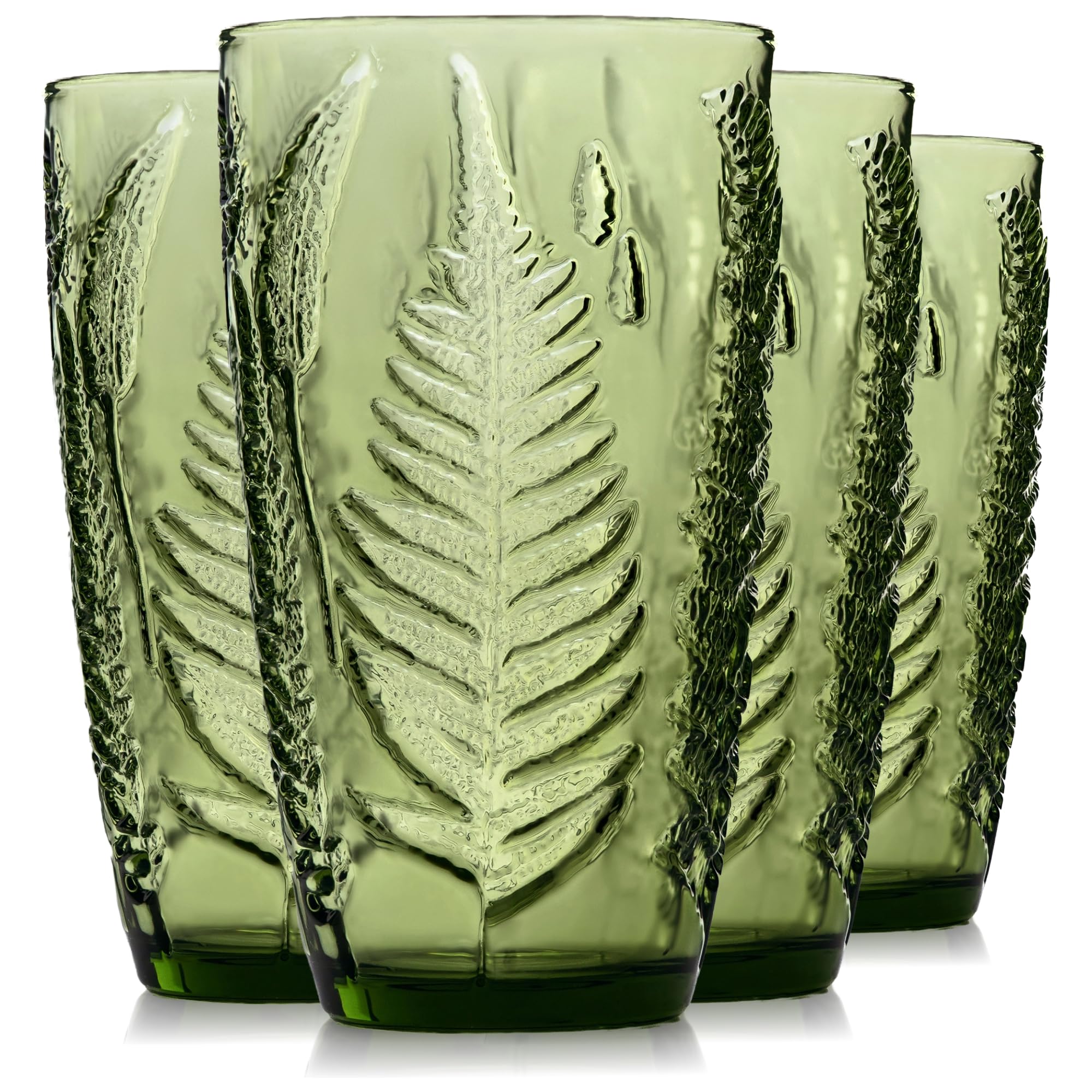 Green Drinking Glasses Set of 4, 16 oz Vintage Hand-Pressed Glass Cups, Fern Textured Highball Tumblers, Antique Style Boho Glassware for Water, Juice, Cocktails, Mocktails & Housewarming Gift Set