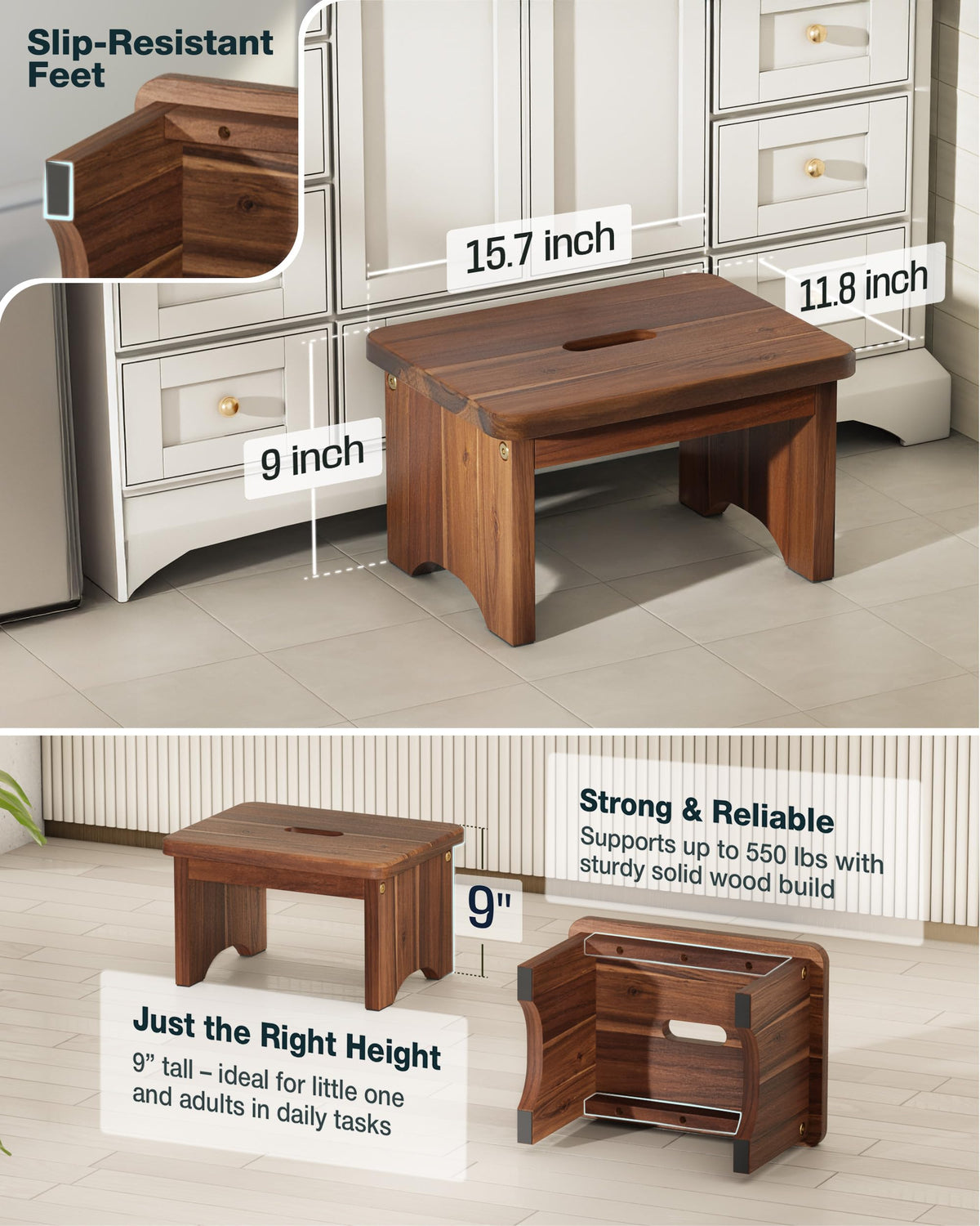 Fanatu Wooden Step Stool, 9in One Step Stool for Adults, Wooden Beside Step Platform with 550 Load Capacity, Heavy