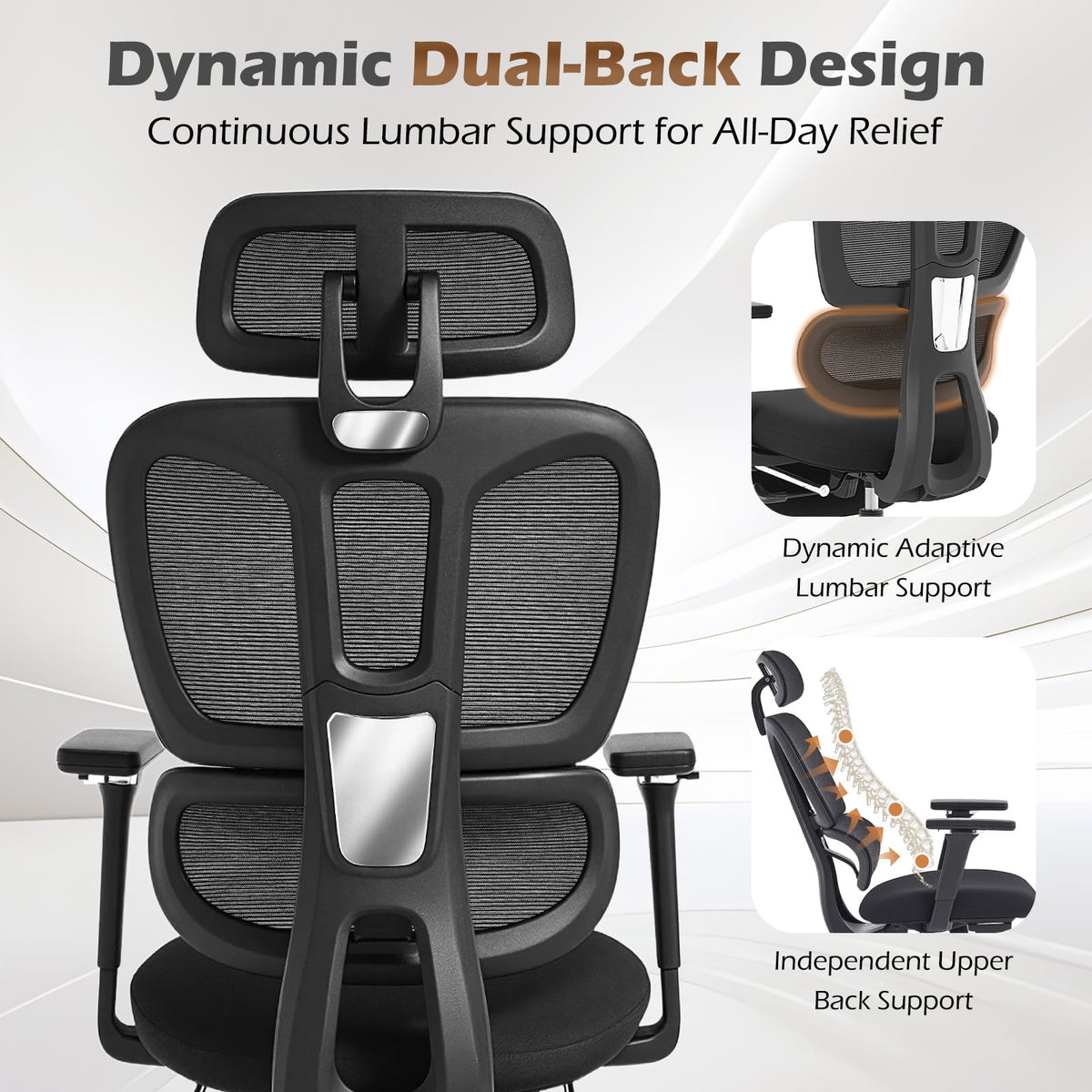 Ergonomic Office Chair with Footrest and Dynamic Lumbar Support, Black, High Back