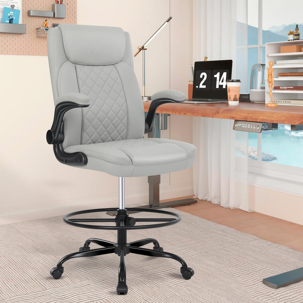 Misolant Drafting Chair, Tall Office Chair for Standing Desk, Standing Chair with Adjustable Height and Flip-up Armrest, Leather Drafting