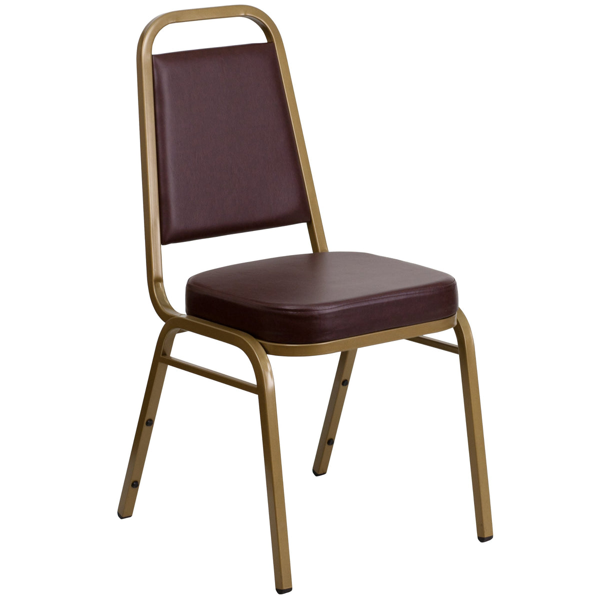 Emma + Oliver Brown Vinyl Trapezoidal Back Stacking Banquet Chair, 17.5"W x 20.25"D x 36"H, Brown Vinyl/gold Frame