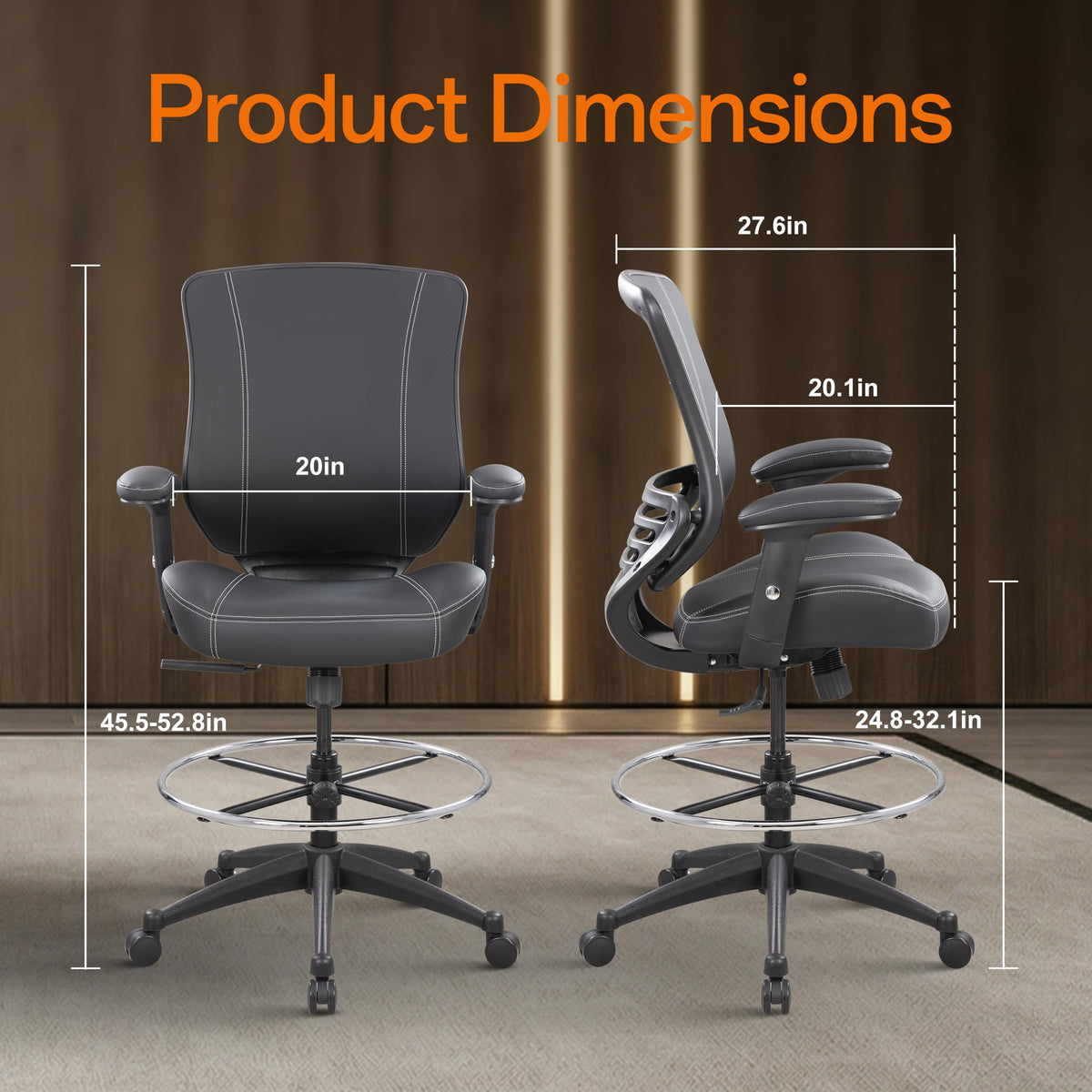 Boliss 400lbs Ergonomic Drafting Chair Mid Back Premium Leather, Black Leather