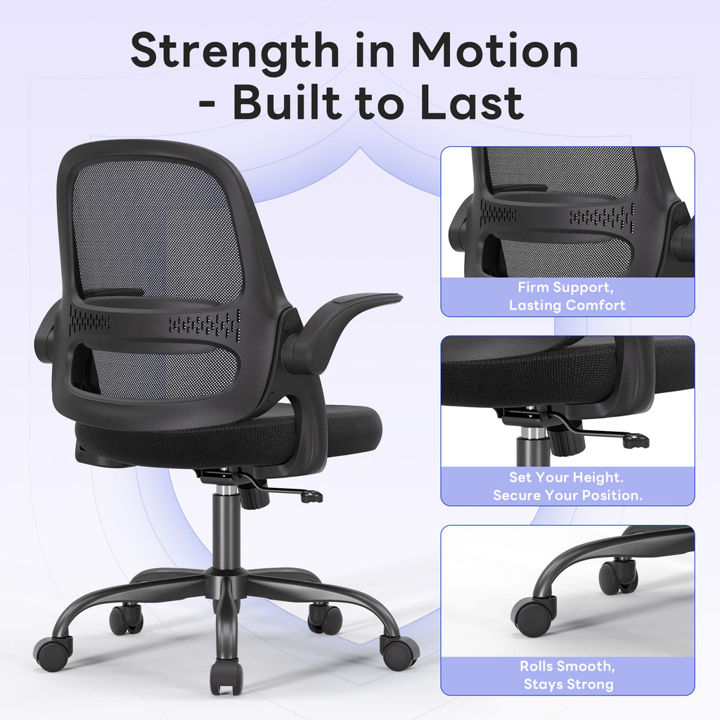Amseatec Ergonomic Mesh Desk Chair with Flip-up Arms, Supports 300 Lbs, 27.2 inches x 23 inches x 39.2 inches, Black