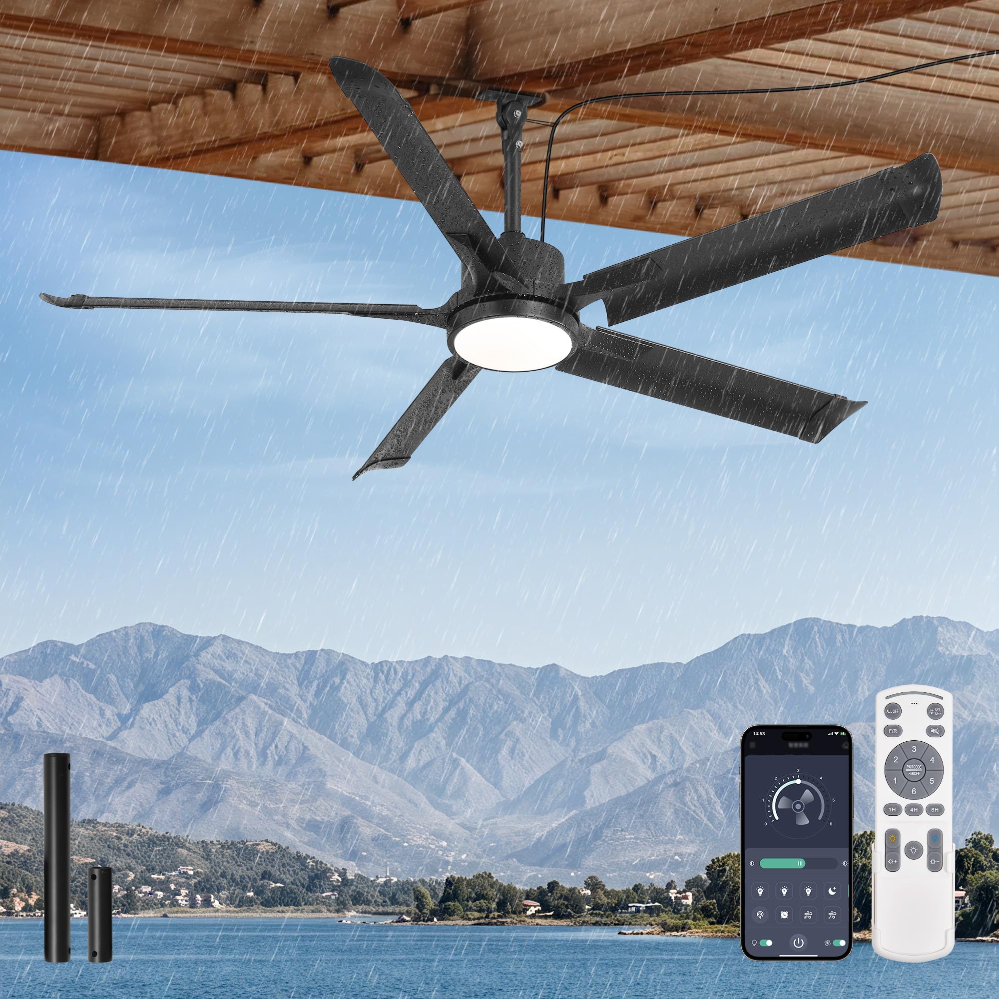 56" Outdoor Ceiling Fan with Lights, IP65 Waterproof Gazebo Fan with Remote Control 6-Speeds DC Motor, Black Plug in Hanging Fan for Patio Porch Pergola(Black)