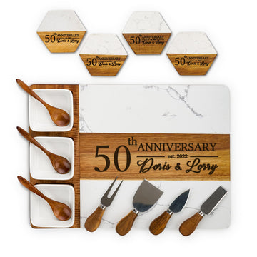 AWESOMETIK - Personalized 50th ANNIVERSARY - Acacia Wood & Marble Charcuterie Board – Custom Engraved Cheese Board with Knife Set – Perfect Wedding & Housewarming Gift