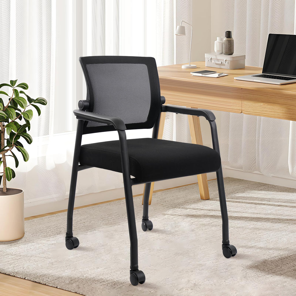 Klasika Waiting Room Chairs with Wheels, Adjustable Mesh Backrest, Desk Chair with Ergonomic Lumbar Support and Thickened Seats Cushion, Black