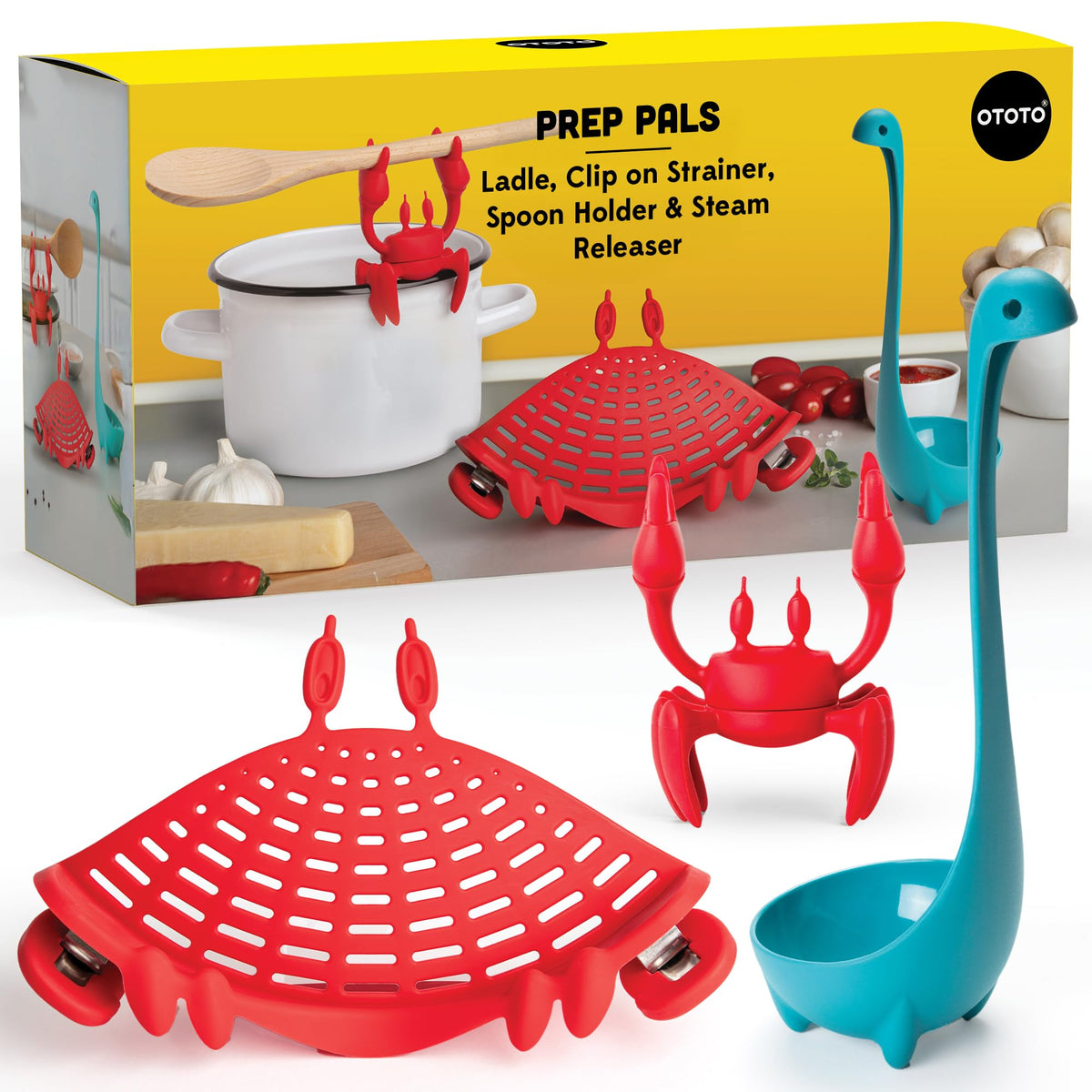 OTOTO Prep Pals Bundle of Red the Crab, Nessie, Crabby - Cute Kitchen Accessories, Kitchen Gadgets, Spoon Rest for Stove Top, Soup Ladle, Pasta Strainer, Funny Unique Gifts, Cooking Gifts