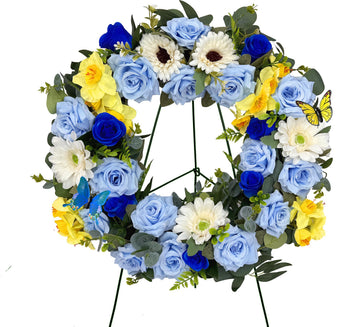 MUVIC Handmade Cemetery Wreath with Grave Holder, Artificial Flower Wreaths for Tombstone Decoration of Memorial Day/Mother's Day/Father's Day/Christmas,Blue,Yellow,White