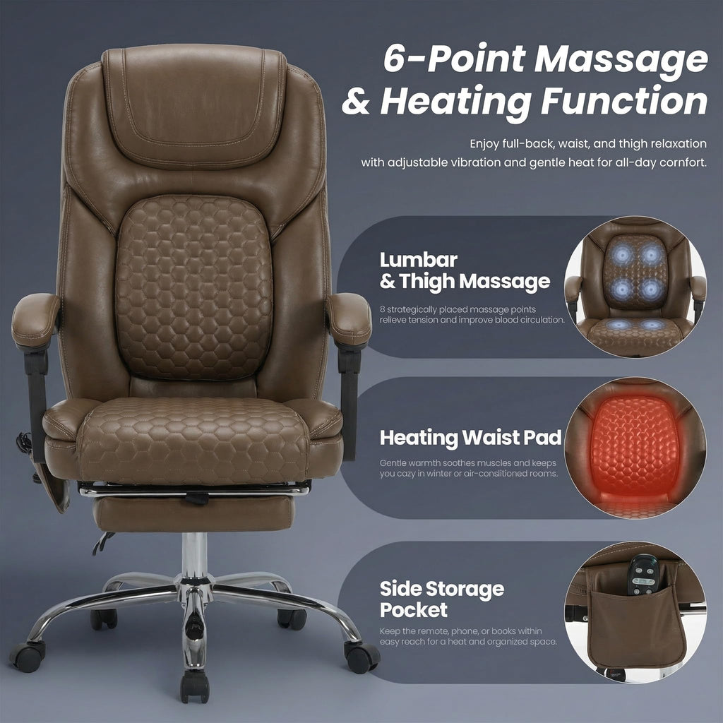 Malol Massage Office Chair with Heat and Footrest, 300 Lbs Easy Assembly Leather Desk Chair -3-level 65°c Targeted Heating, Big and Tall
