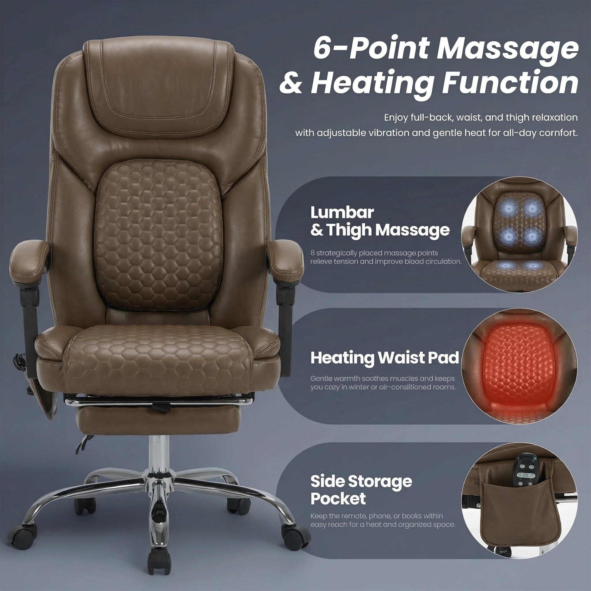 Malol Massage Office Chair Set of 2 with Heat and Footrest, 300 Lbs Easy Assembly Leather Desk Chair -3-level 65°c Targeted Heating, Big and