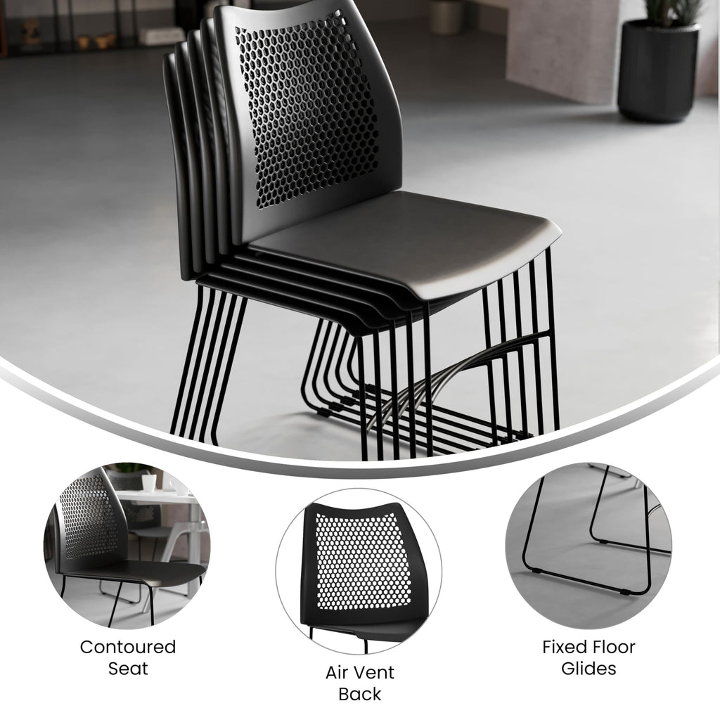 Flash Furniture Hercules Series 661 Lb. Capacity Black Stack Chair with Air-vent Back and Black Powder Coated Sled Base, Set of 1