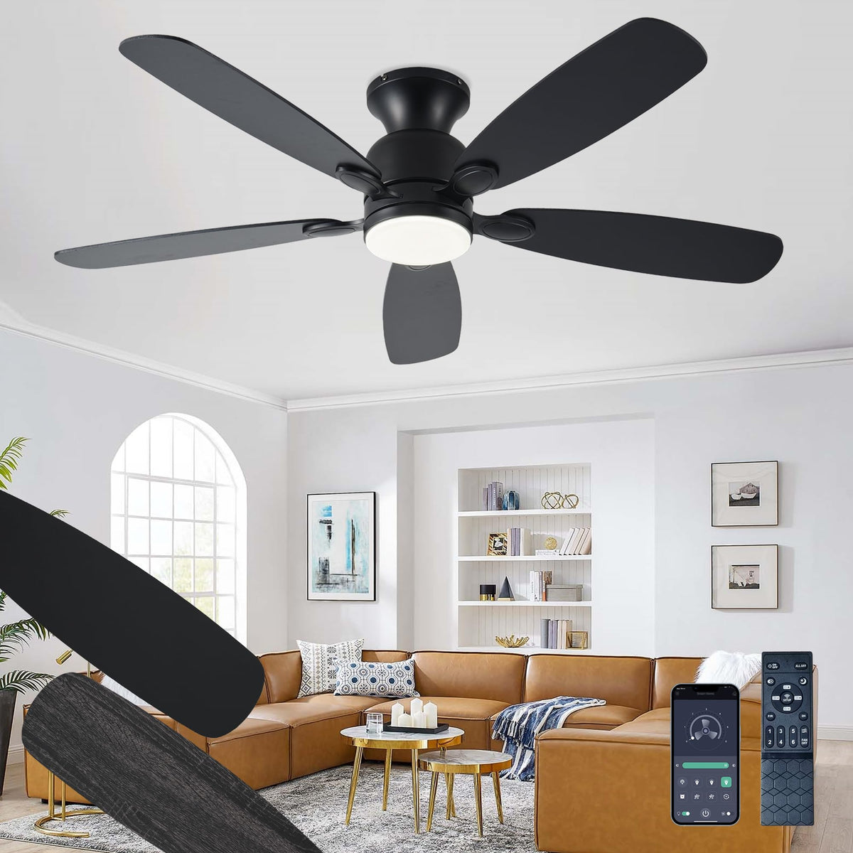 NKPU 52inch Black Ceiling Fans with Lights, Low Profile Ceiling Fan with Light and Remote/APP Control, Reversible DC Motor, Noiseless, Dimmable, Flush Mount Ceiling Fan for Bedroom Living Room Patios