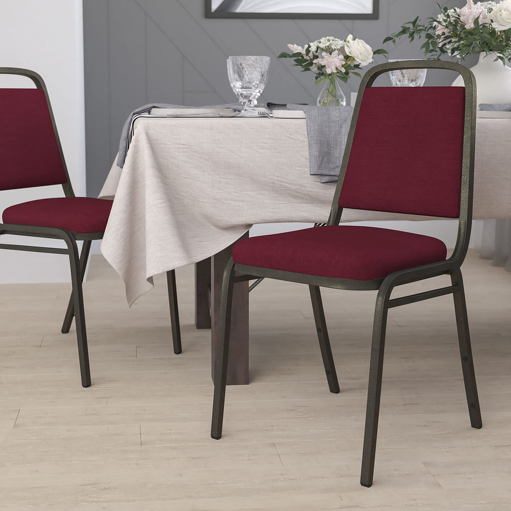Emma + Oliver Burgundy Fabric Trapezoidal Back Stacking Banquet Chair, 17.5"W x 20.25"D x 34"H, Burgundy Fabric/gold Vein Frame