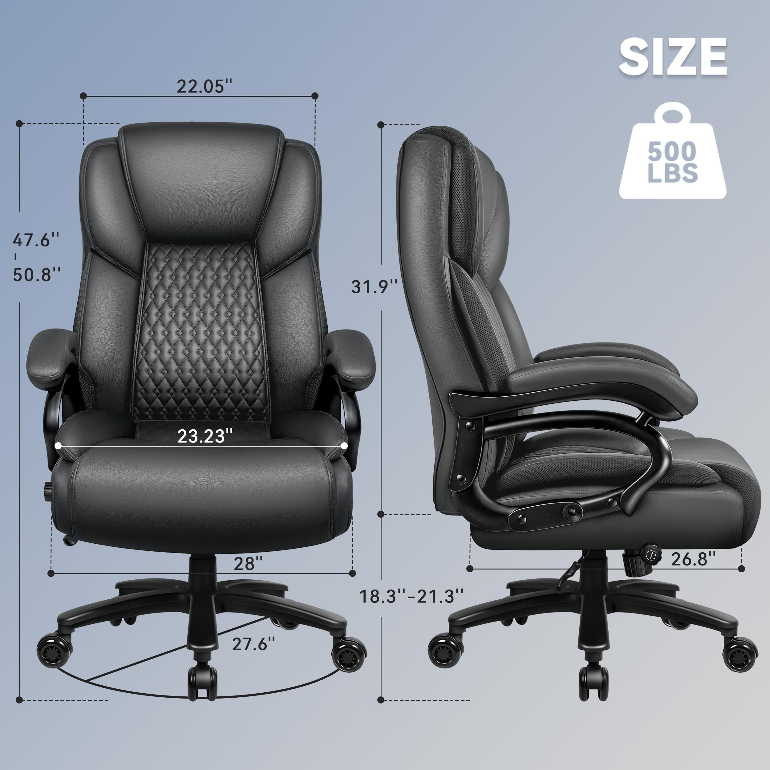 Big and Tall Office Chair 500lbs with Lumbar Support, Ergonomic Heavy Duty Black Office Chair, Leather Office Executive Chair with Quiet Rubber