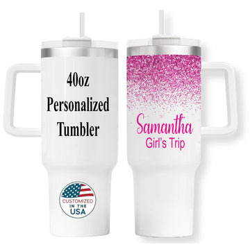 40oz Personalized Tumbler With Handle | Stainless Steel Insulated | Travel Mug | Double Wall Coffee Cup for Hot and Cold Drinks | Pink Glitter Effect with Name | Custom 40 oz Tumblers