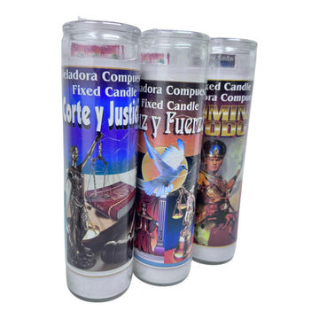 Set de Veladoras Esotéricas "Triunfo Legal" Conjunto de 3 Veladoras Rituales en Contenedores de Vidrio 14 oz blancas sin esencia