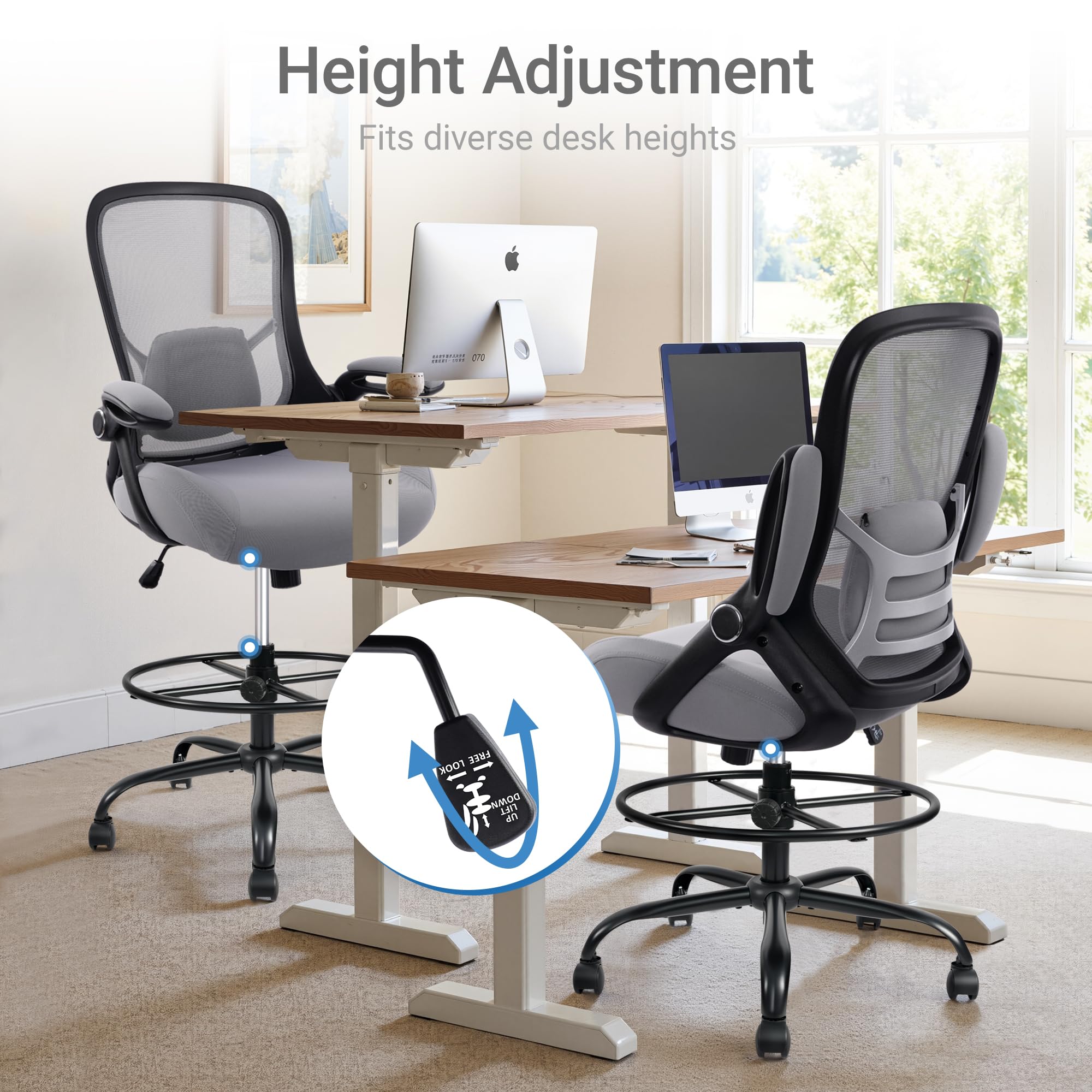 Hylone 400lbs Heavy Duty Drafting Chair 5" Thickened Seat Office Chair with Flip-up Armrests Tall Ergonomic Computer Chair with Lumbar Support