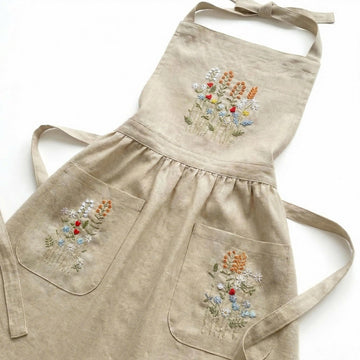 Linen Apron with Hand Embroidered Floral Design, Natural Fabric Apron for Kitchen, Linen Apron with Pockets, Cooking, Baking.