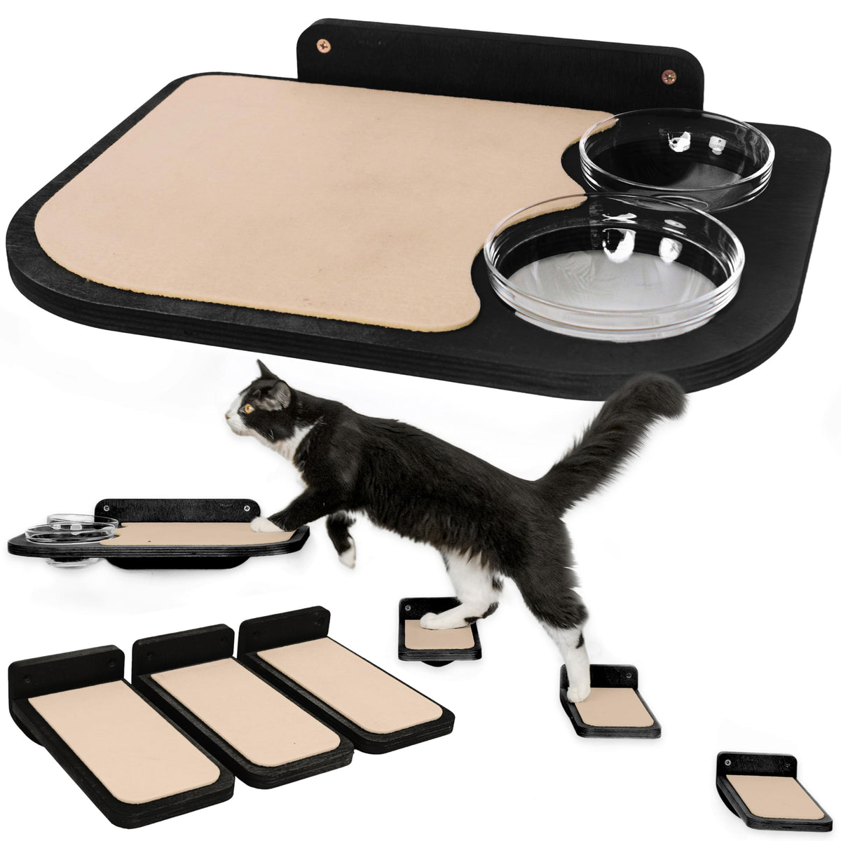 INICIO Cat Shelves – Dog Proof Feeding Station with Wall Mounted Shelves, 3 Steps for wall with Floating Shelf for Cats Up to 15lbs, Includes Cat Food Bowls for Convenient Feeding – Black