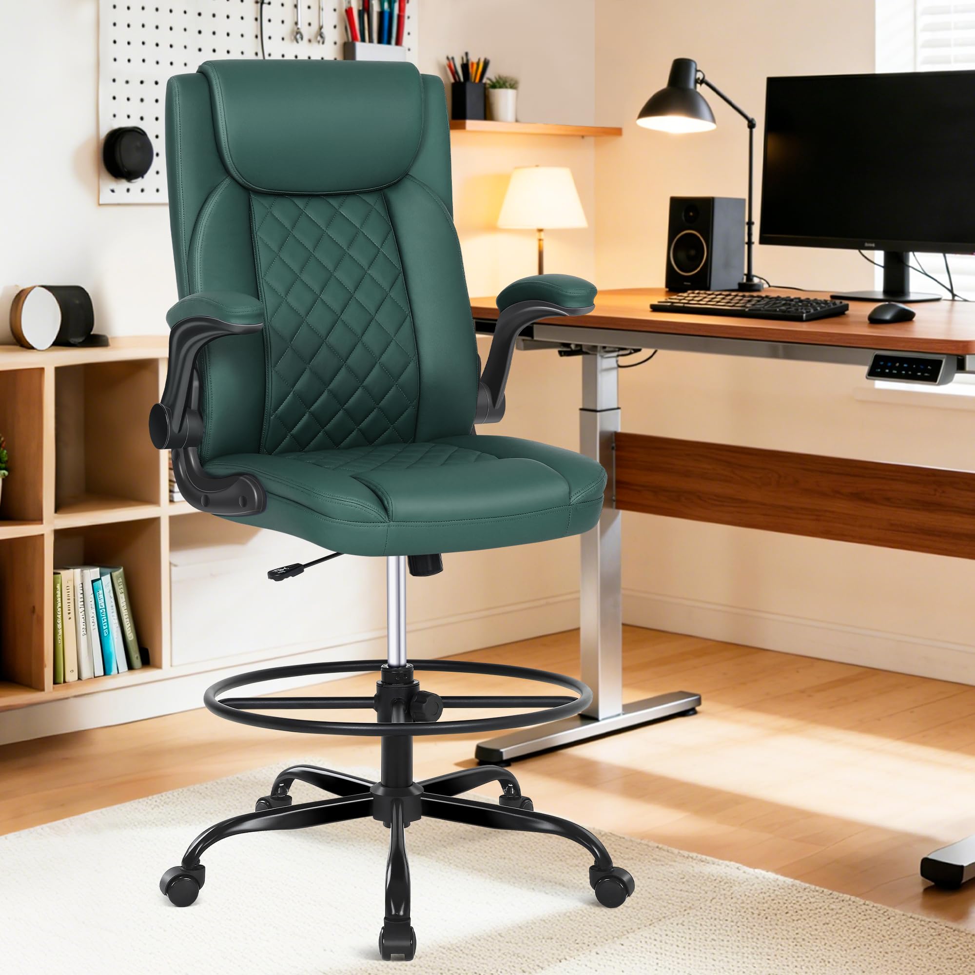 Misolant Drafting Chair, Tall Office Chair for Standing Desk, Pu Leather Counter Computer Chairs with Adjustable Height, Rocking Function, 360°