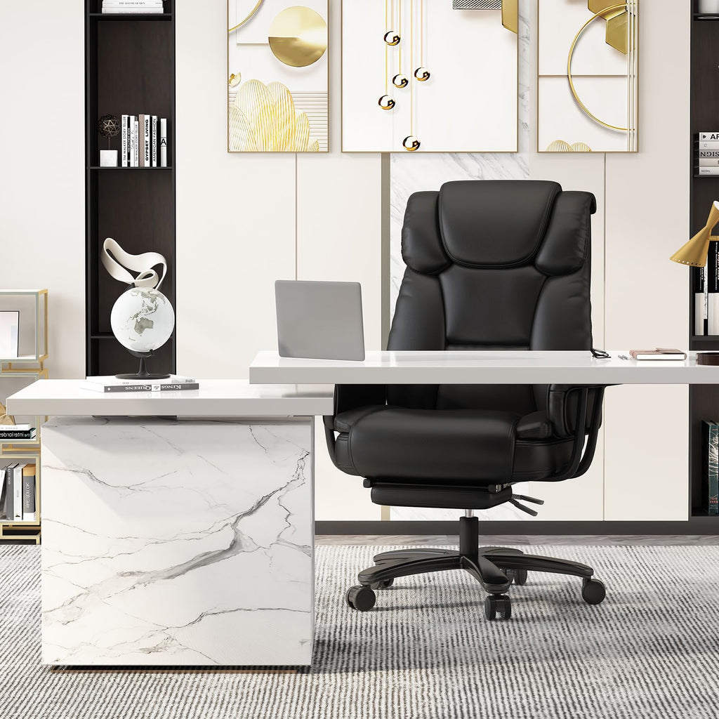 Gyi 160° Reclining Office Chair with Footrest, Big and Tall High Back Home Office Chair, Leather Computer Desk Chair with Cross Legged Seat,