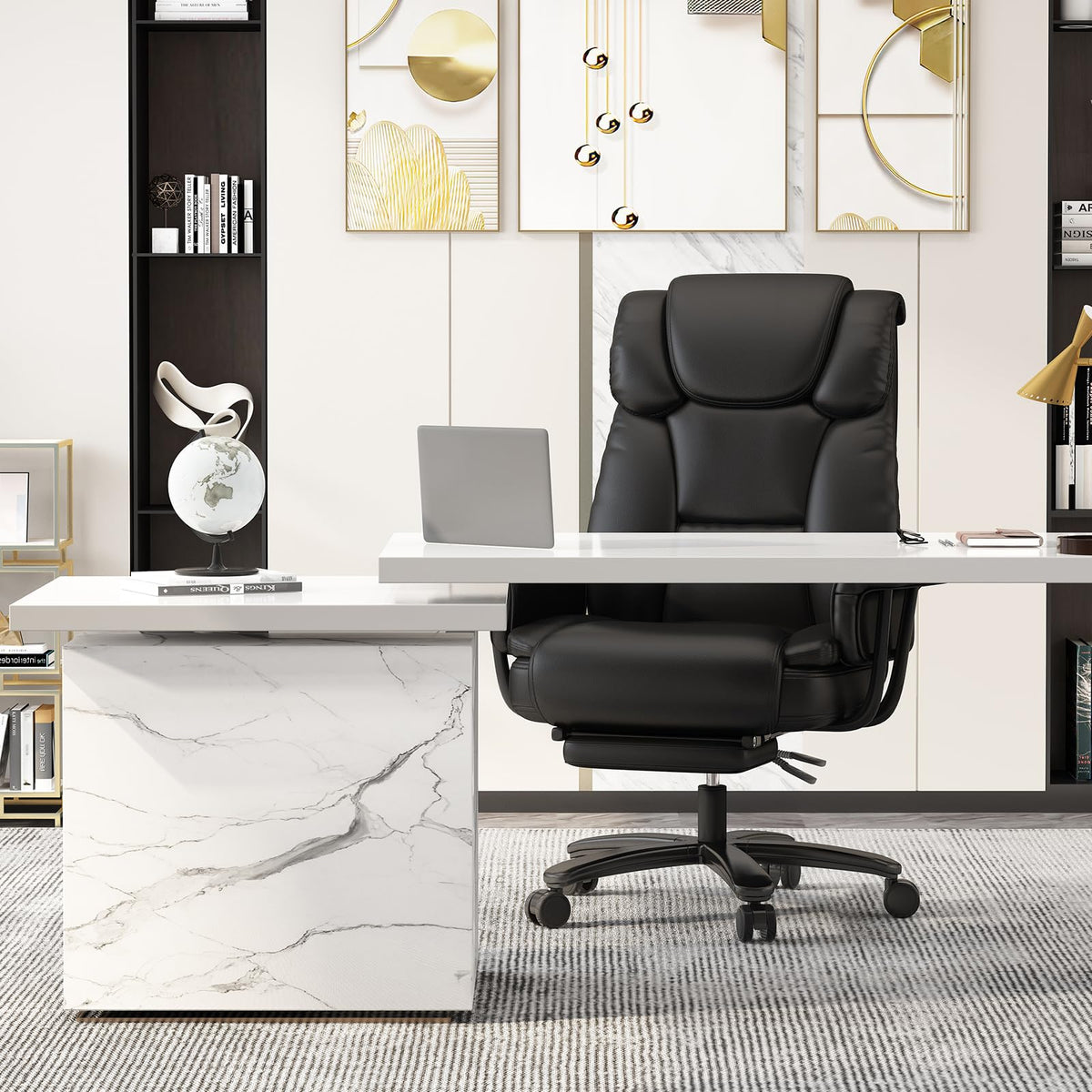 Gyi 160° Reclining Office Chair with Footrest, Big and Tall High Back Home Office Chair, Leather Computer Desk Chair with Cross Legged Seat,