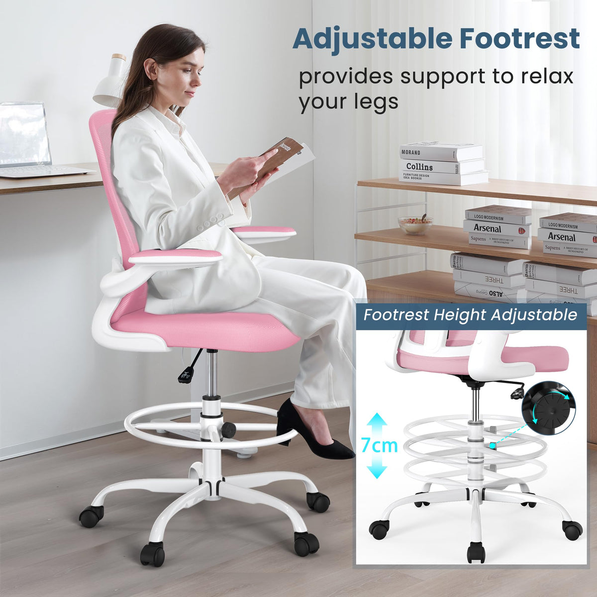 Drafting Chair, Tall Office Chair with Flip-up Armrests Executive Ergonomic Computer Standing Desk Chair, Office Drafting Chair with Lumbar