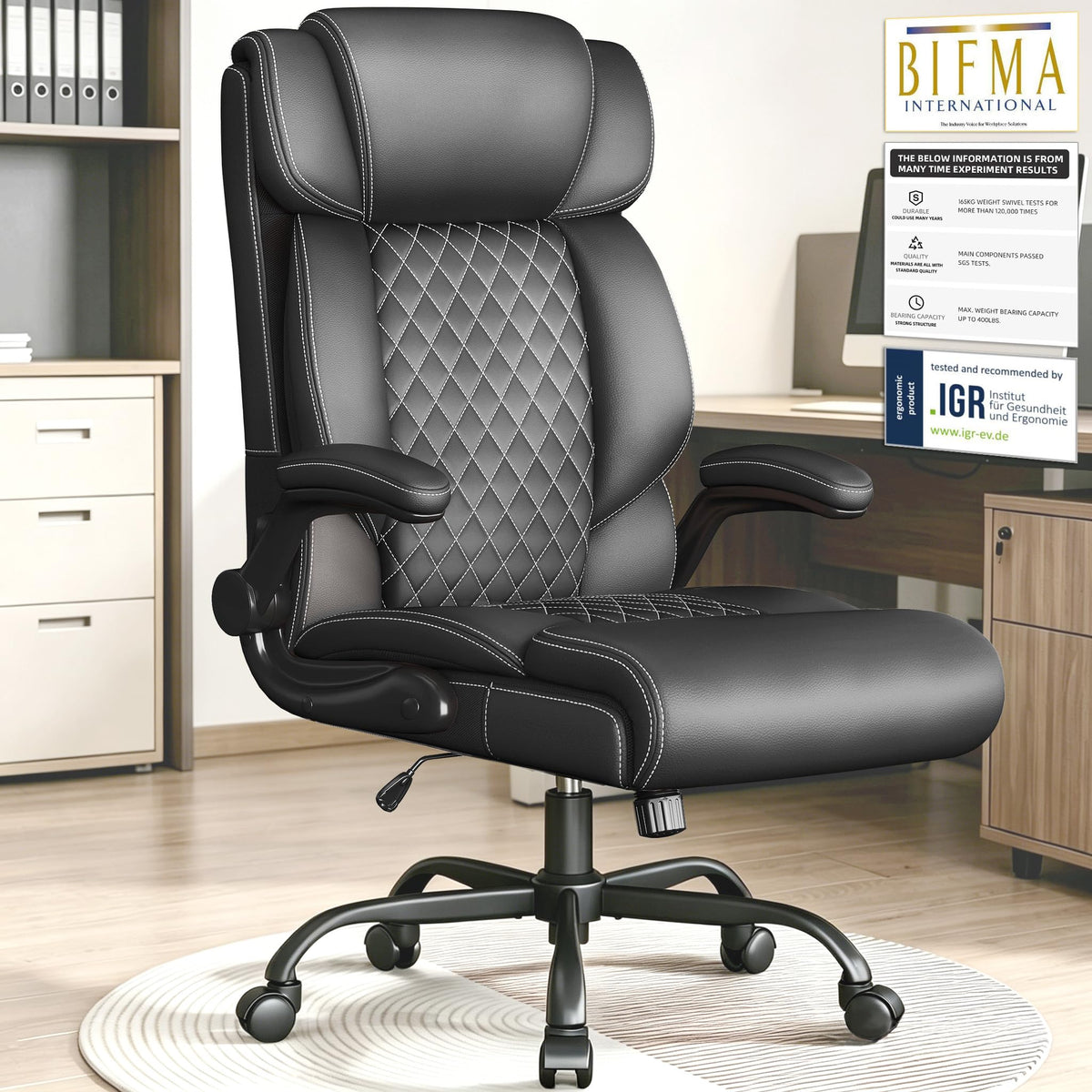 Office Chair-big and Tall Office Chair,executive High Back Breathable Flip-up Armrests Lumbar Support-ergonomic Leather Rolling Swivel Chair