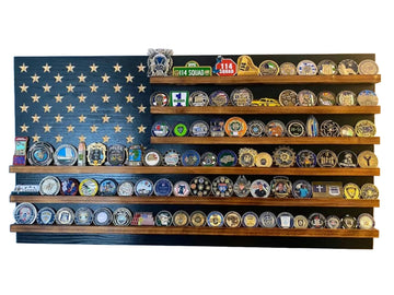 Subdued American Flag Challenge Coin Holder Display, Wooden Shelves hold 90-100 Coins, for Military, Police, Law Enforcement, First Responders, Custom Handmade Quality, Made in Texas