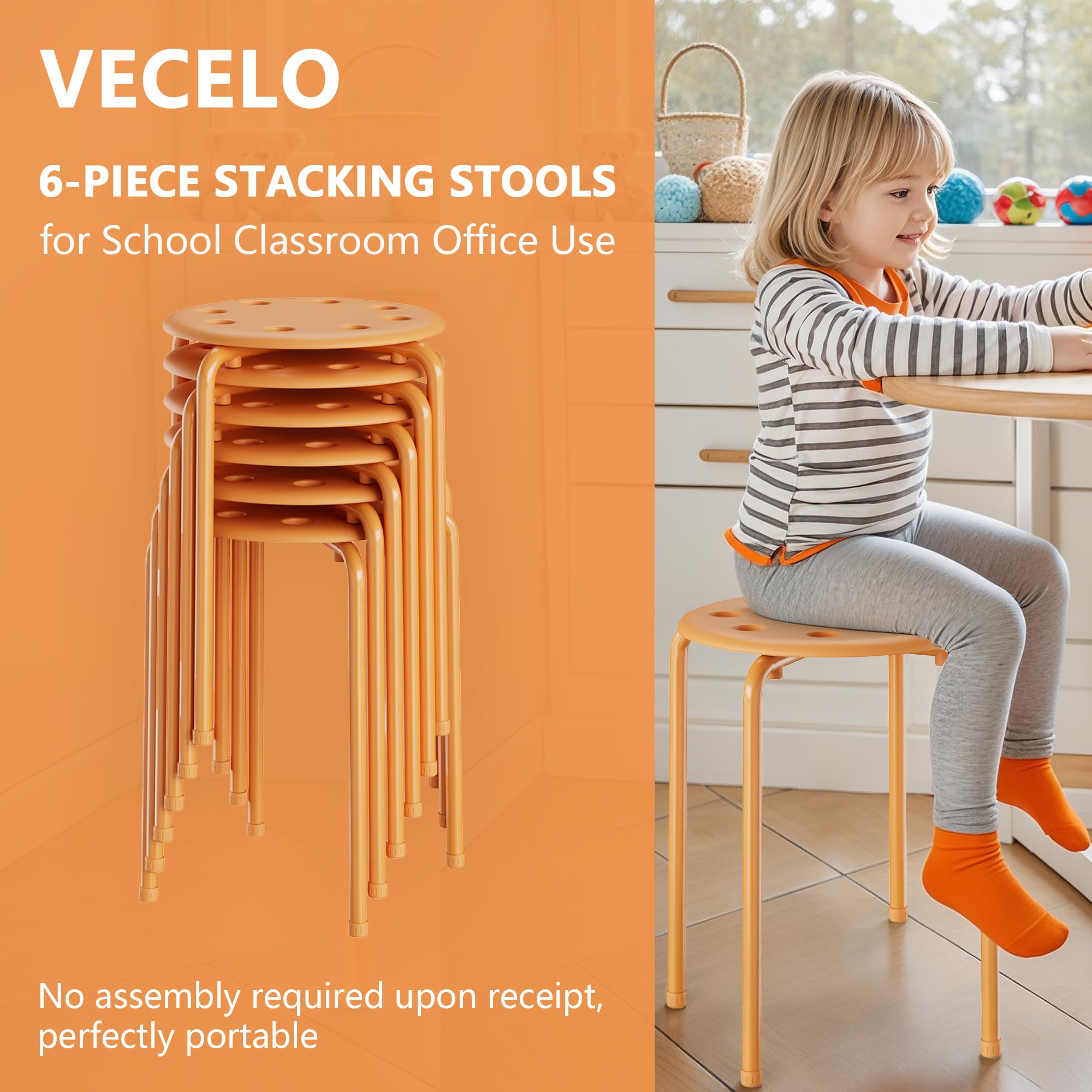 Vecelo 6-piece Stacking Stools, 17.7 Inch Standard Height, Portable Stackable Colorful Decoration Stools for School Classroom and Office Use,
