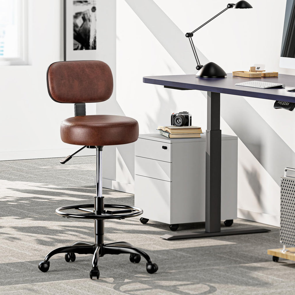 Superjare Drafting Chair with Backrest, Adjustable Foot Rest Rolling Stool, Brown