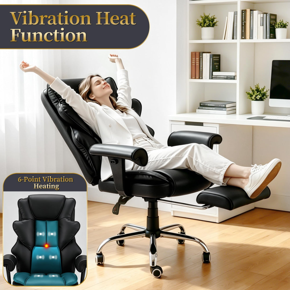 Heated Recliner Office Chair with Massager, Footrest, Height Adjustable Arm, Black