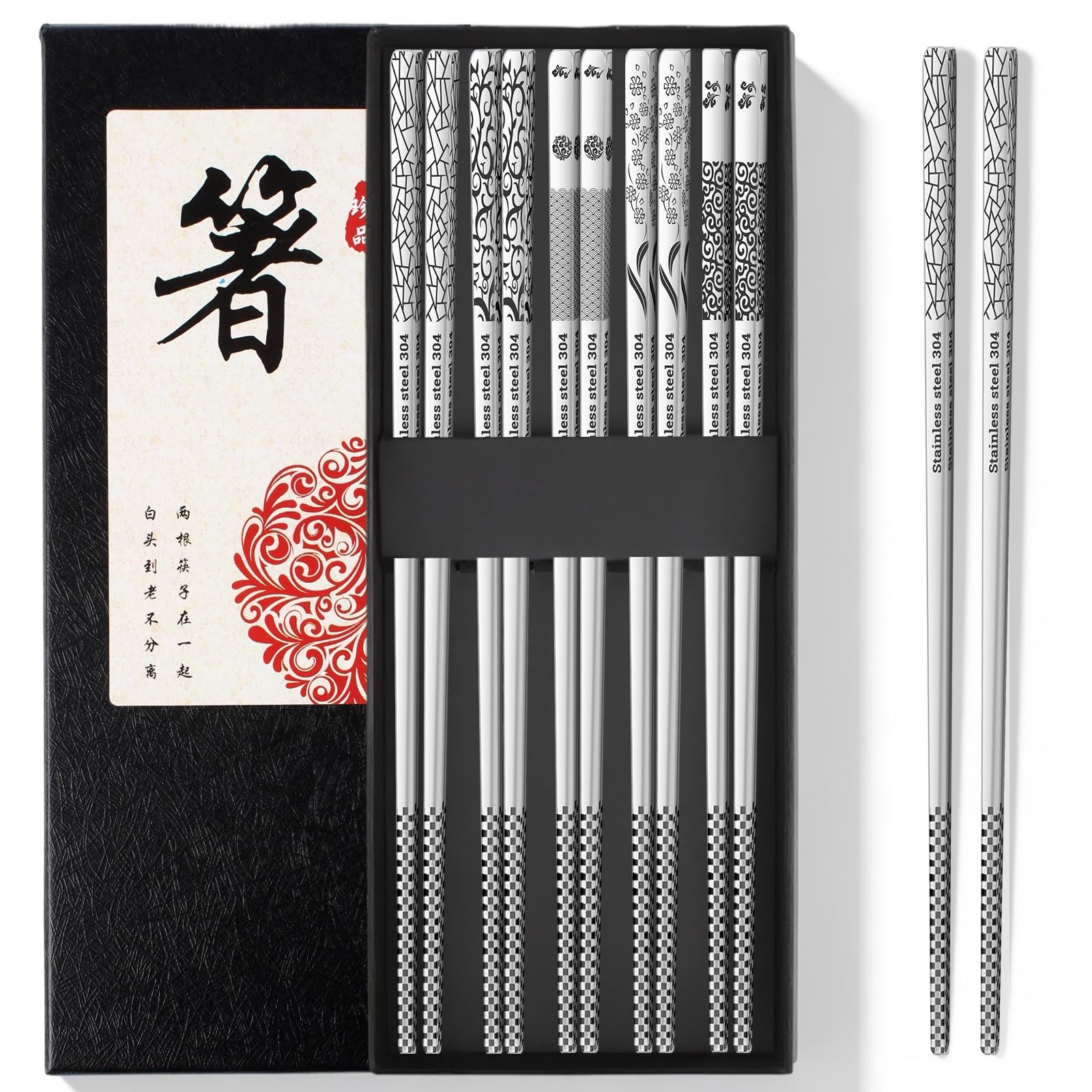 Reusable Metal Chopsticks – Premium 304 Stainless Steel, Non-Slip & Dishwasher Safe – Lightweight, Durable, Japanese & Korean Style – 5 Pairs, 9.25 Inches, Elegant Gift Set