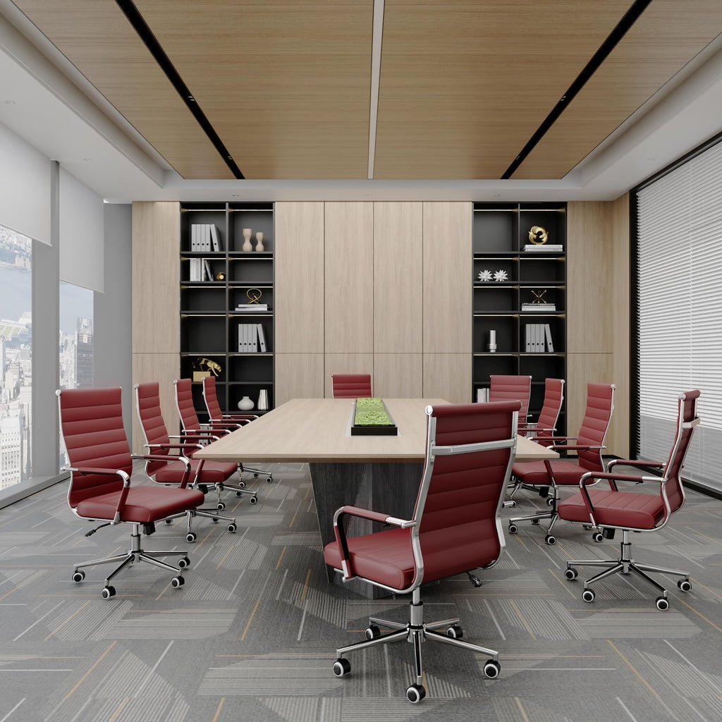 Red Office Desk Chair, Ergonomic Leather Modern Conference Room Chairs, Executive Ribbed Height Adjustable Swivel Rolling Chair for Home