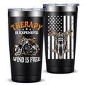 Fufandi Motorcycle Gifts for Men - Therapy Is Expensive Wind Is Free Motorcycle Gifts Tumbler - Christmas Fathers Day Gift for Motorcycle Lovers, Dad, Boyfriend - Tumbler Cup 20oz