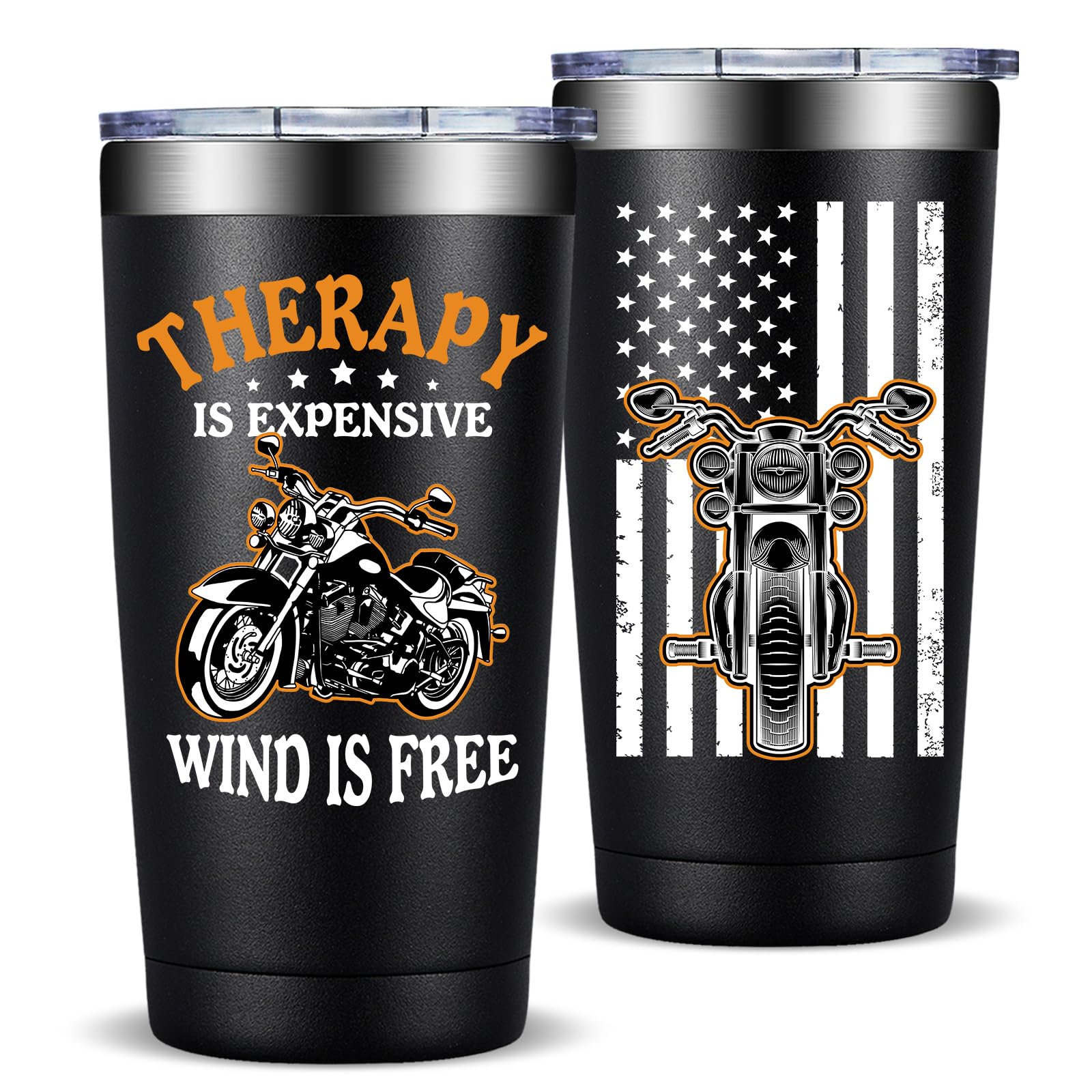 Fufandi Motorcycle Gifts for Men - Therapy Is Expensive Wind Is Free Motorcycle Gifts Tumbler - Christmas Fathers Day Gift for Motorcycle Lovers, Dad, Boyfriend - Tumbler Cup 20oz