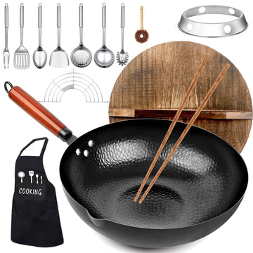 kaqinu 14 Piece Carbon Steel Wok Pan, Woks & Stir-Fry Pans Set with Wooden Lid Cookwares, No Chemical Coated Flat Bottom Chinese Pan for Induction, Electric, Gas, Halogen All Stoves - 12.6''