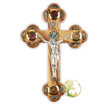 PHLG Hand Carved Olive Wood Wall Cross - Jerusalem Crucifix with Mother of Pearl for Christening, Baptism, First Communion