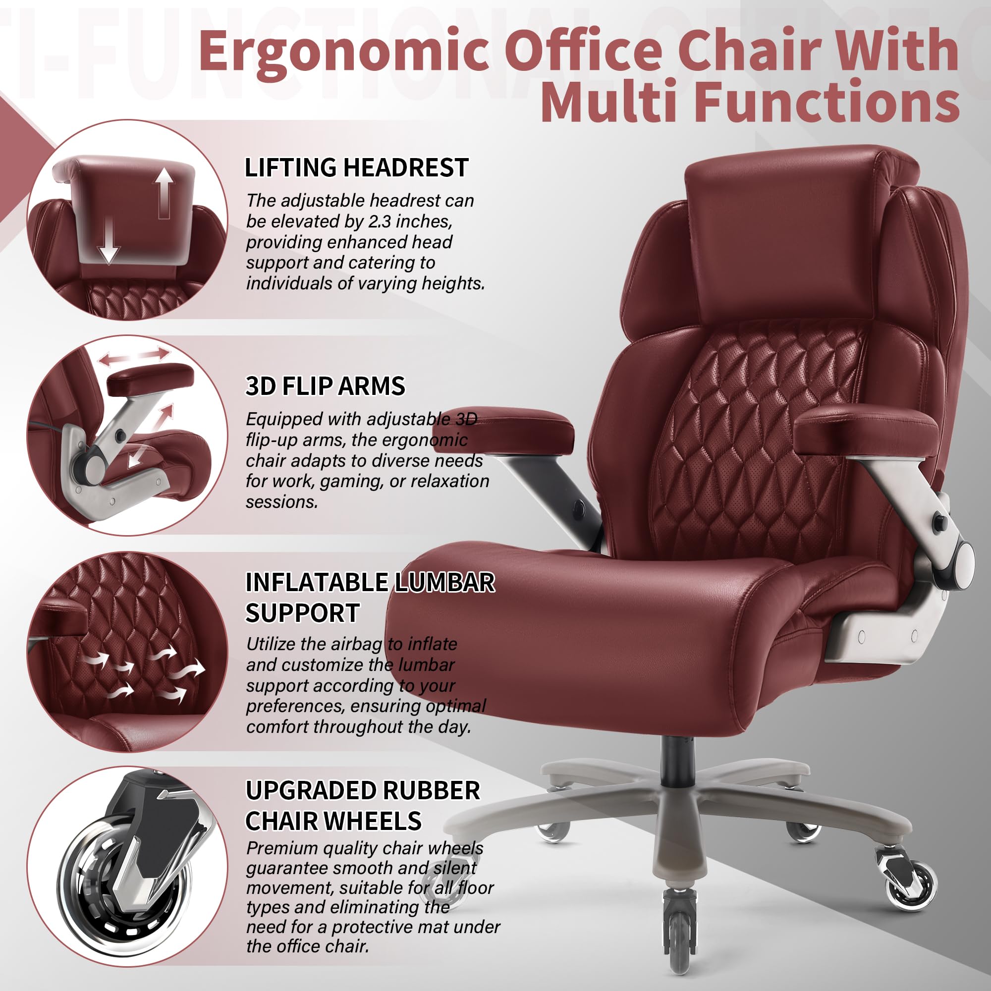 Big and Tall Office Chair 700lbs, Ergonomic High Back Computer Desk Chair, Large, Burgundy