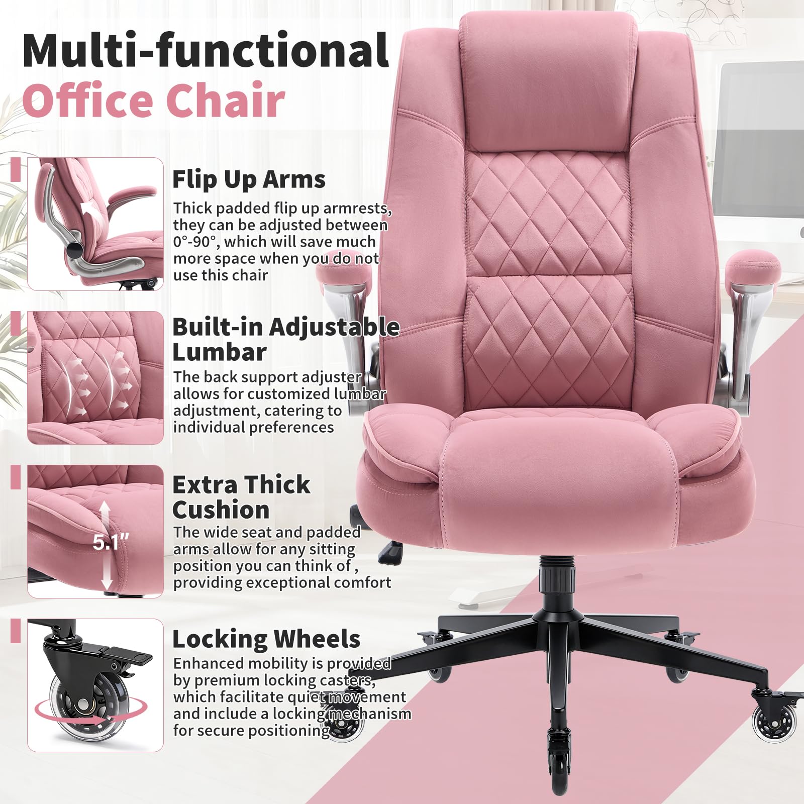Fabric High Back Office Chair, Thick Padded Ergonomic Computer Desk Chair, Large, Pink