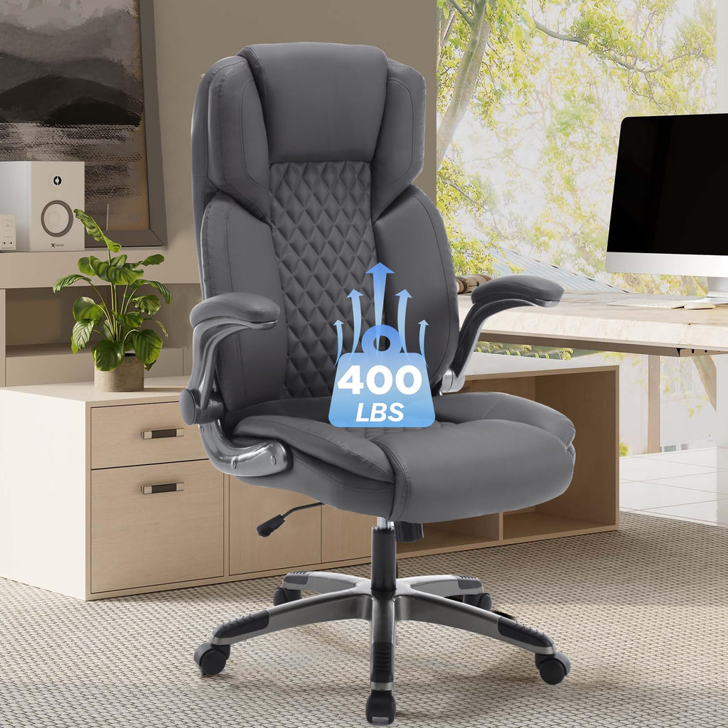 Reficcer Leather Executive Office Chair with Flip Up Arms, Grey, 30.7 inches x 22.83 inches x 13.77 inches, Grey Leather