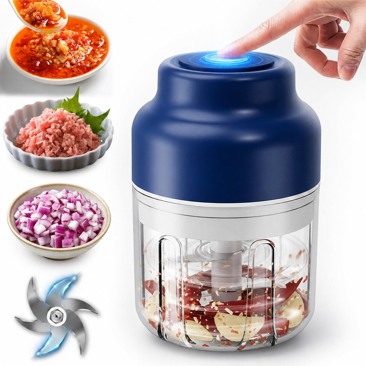 2026 Upgrade Electric Garlic Chopper Mini, 320 ml Small Garlic Chopper Mincer with 6 Stainless Steel Blades, Portable Rechargeable Cordless Chopper for Onion,Chili,Ginger,Nuts,Meat & Fruits (Blue)