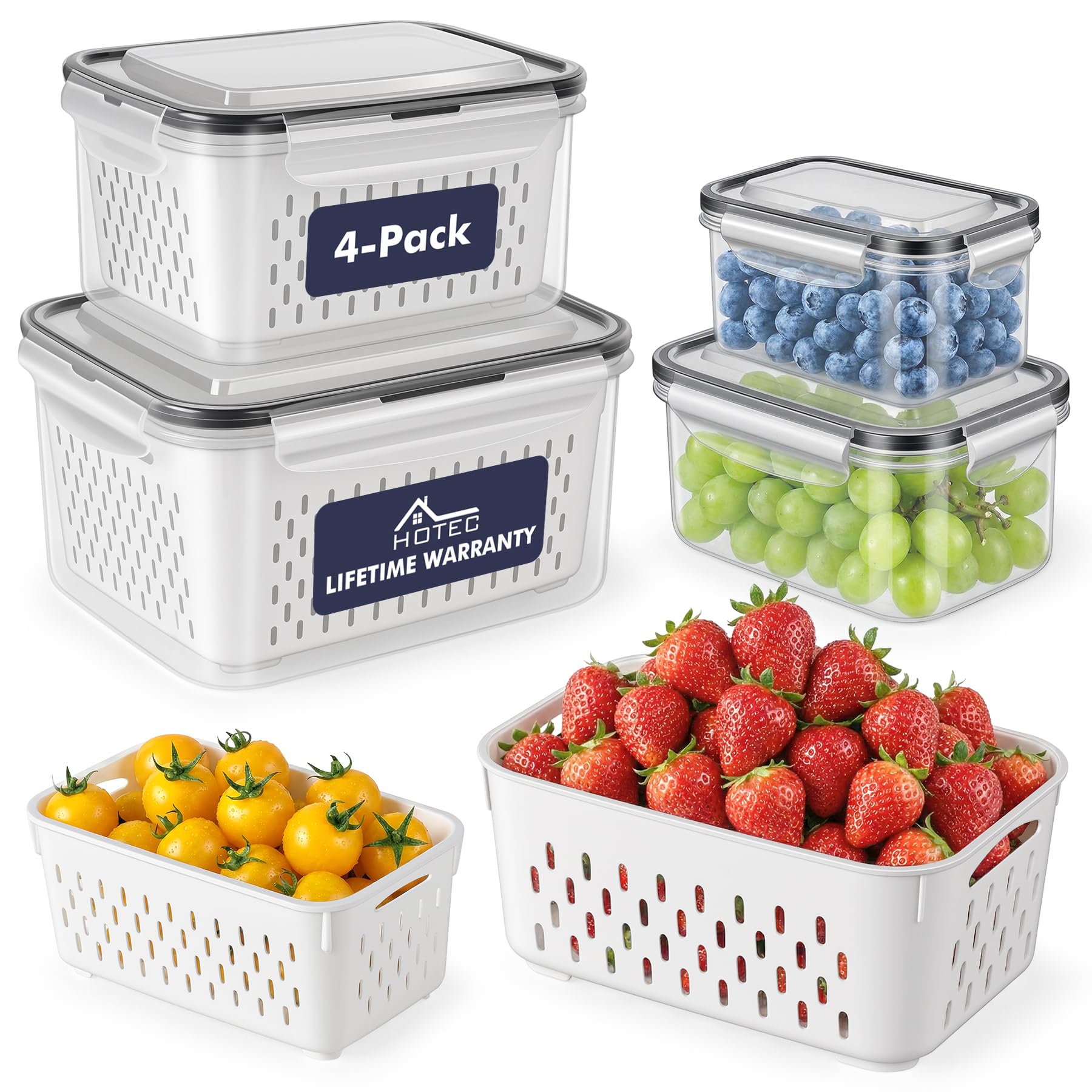 HOTEC 4-Pack Large Fruit Storage Container for Fridge Leak proof with Removable Colander, BPA Free Dishwasher & microwave safe Largest 3.15L
