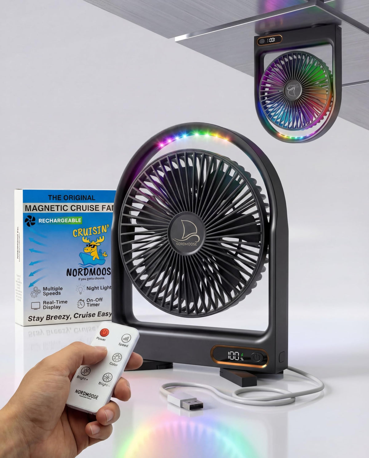 Nordmoose Magnetic Cruise Fan - 7 Blade Rechargeable Magnetic Fan for Cruise Cabin, Dimmable Night Light, Remote Control, Timer, 6 Speeds, 4000mAh Battery, Rotatable Head, Black
