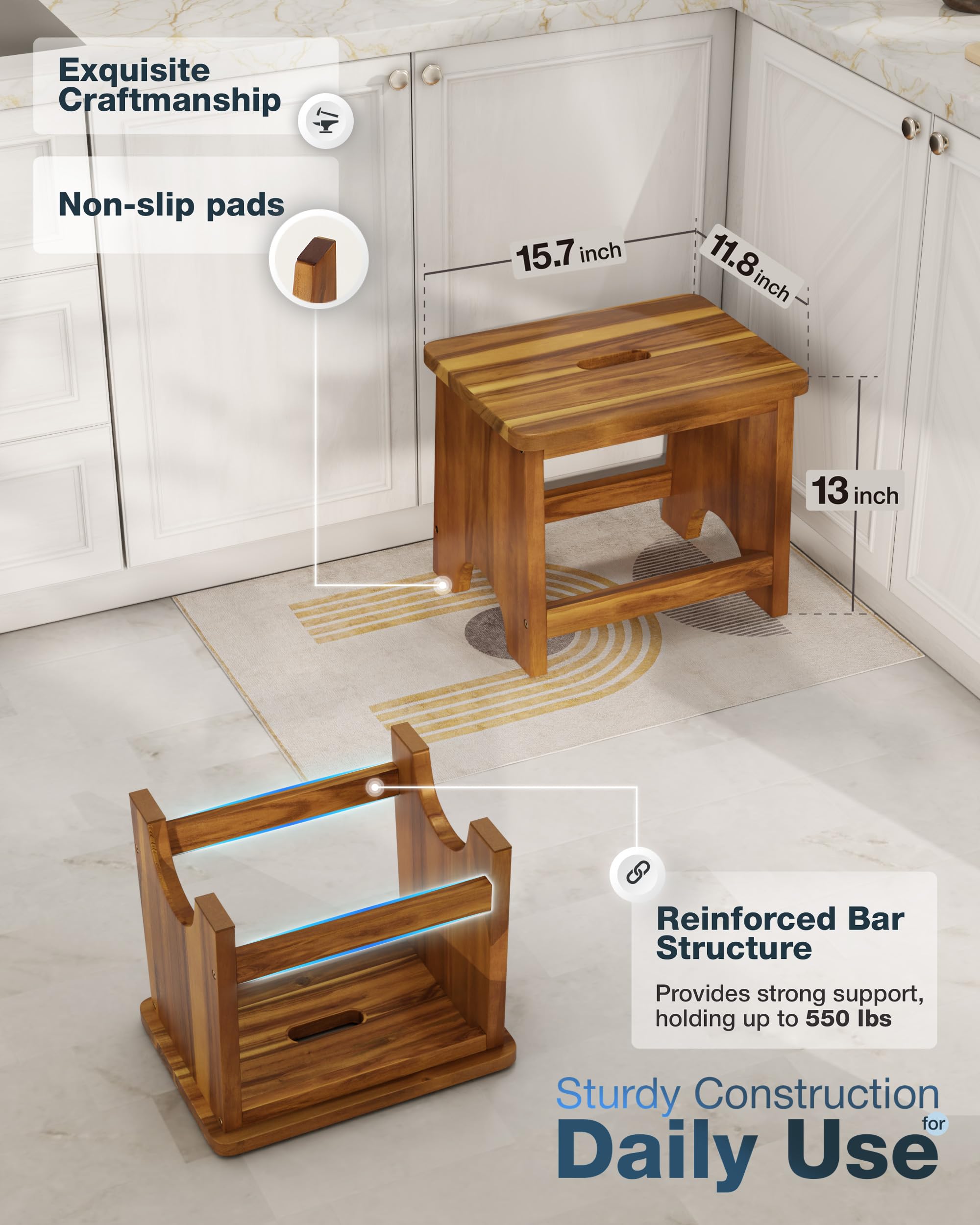 Fanatu Wooden Step Stool, 13'' Non-slip Heavy Duty Stepping Stool for Adults with Handle, Nonslip & Durable Design Supports Up to 500lbs for