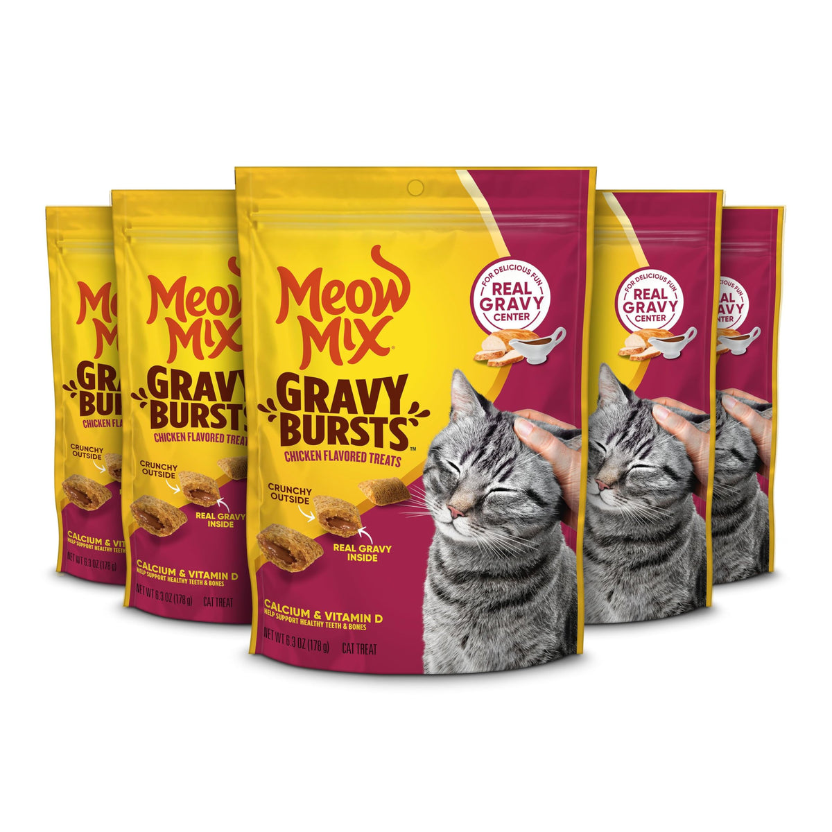Meow Mix Gravy Bursts Chicken Flavored Cat Treats, 6.3 Oz. Bags (Pack of 5)