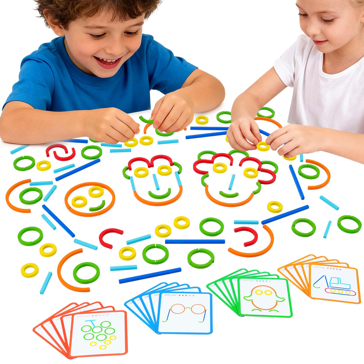 Montessori Smart Sticks Learning Set with Rings and Challenge Cards, 120PCS Creative Building Kit, STEM Toys for 3 4 5 Year Old Kids, Preschool Montessori Learning Activities
