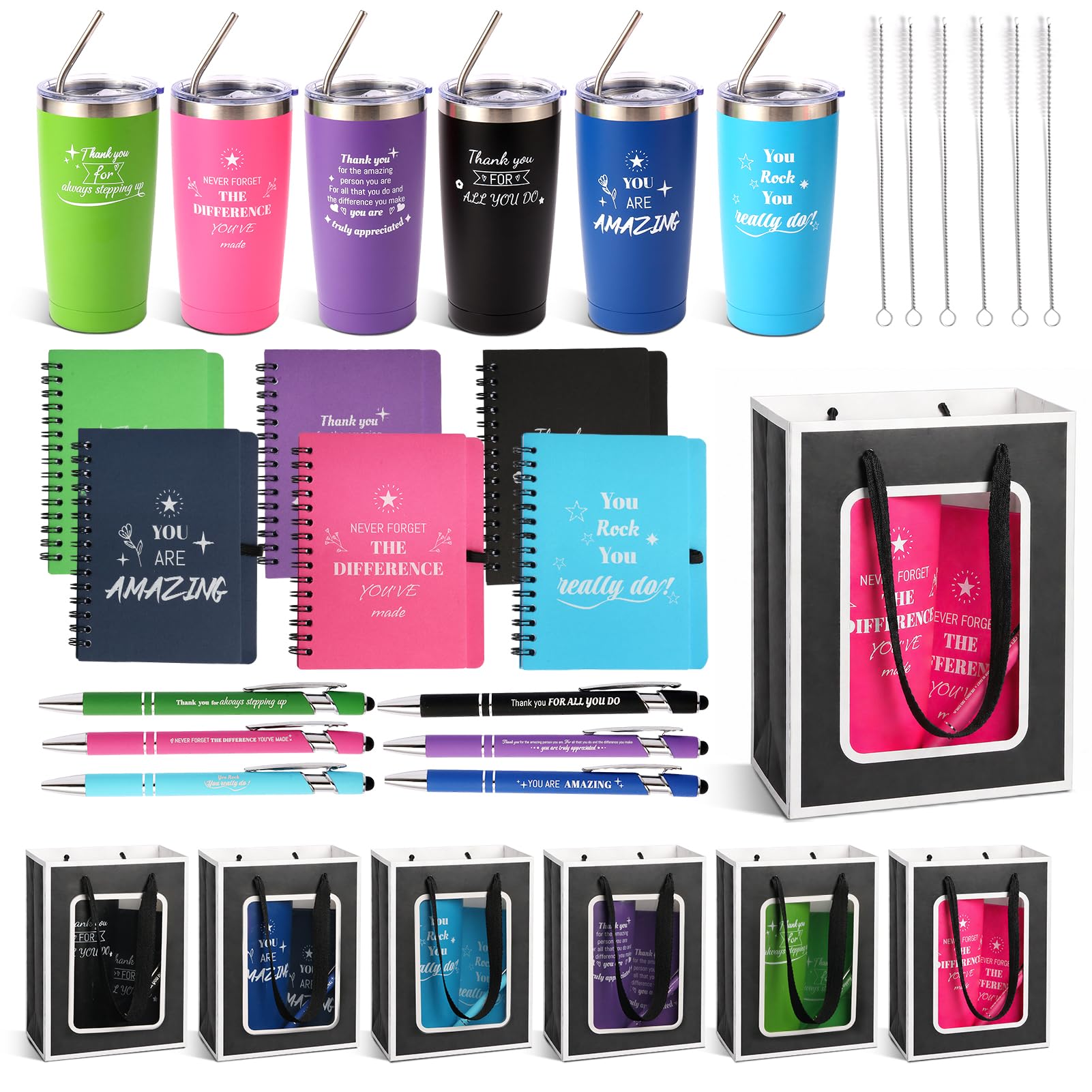 6 Set/36 Pcs Teacher Employee Appreciation Gifts Bulk - 20 Oz Insulated Tumblers, Steel Straw & Cleaner, Gift Bag, Inspirational Notebook, Motivational Pen - Thank You Gift for Coworker, Nurses